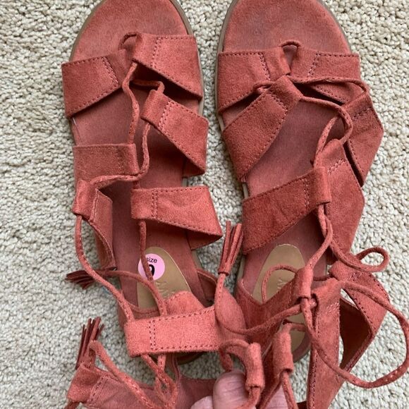 Pink Faux Suede Gladiator, lace up Strappy Ankle Sandals with tassels size 9 - Picture 3 of 5